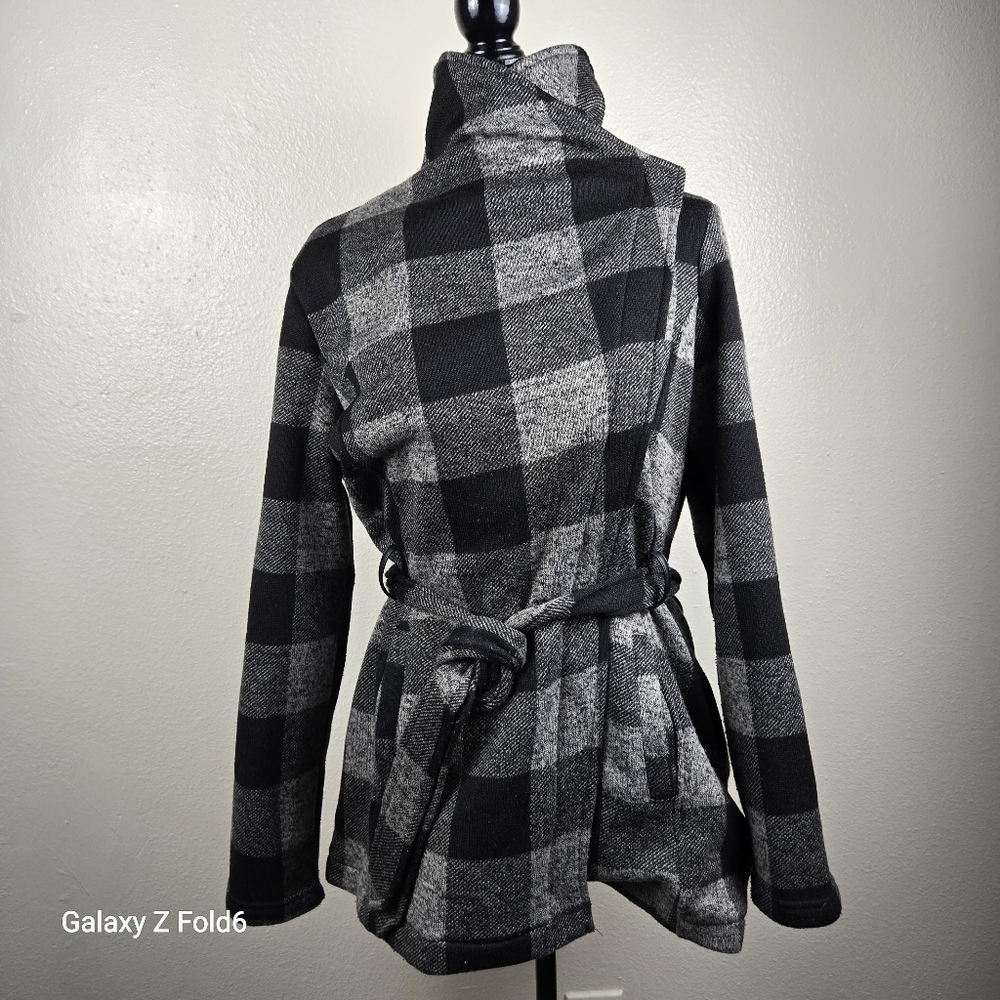 CoffeeShop Black and Gray Plaid Trench Coat
